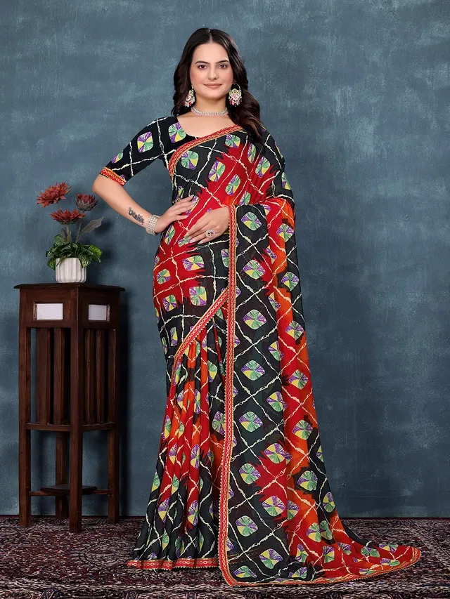 Georgette Printed Saree for Women (Red, 6.3 m)