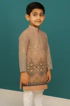 Cotton Blend Printed Kurta with Payjama for Boys, Brown & White 