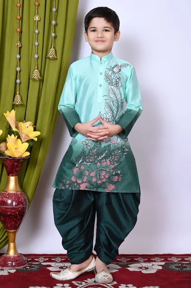 Dupion Silk Printed Kurta with Dhoti for Boys, Green (9-10 Years)