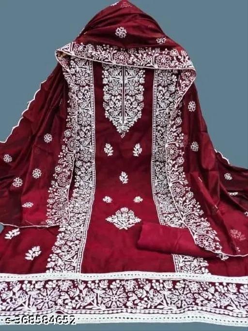 Chanderi Cotton Embroidered Punjabi/All Over Suits for Women (Maroon, Un Stitched)