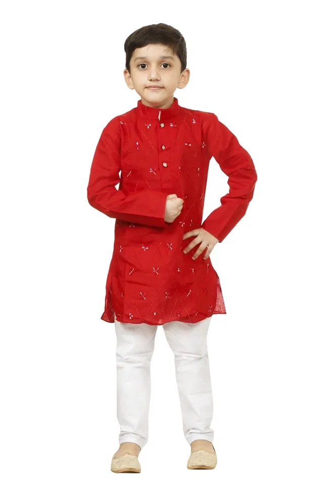 Cotton Blend Embroidery Kurta with Payjama for Boys, Red & White (2-3 Years)