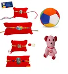 Combo of Metal 4 Pcs Rakhi with Ball, Teddy Bear, Greeting Card, Roli 