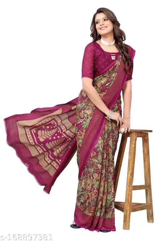 Italian Silk Printed Saree for Women, Wine (6.3 m)