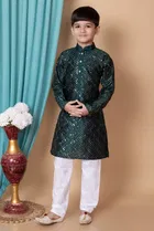 Dupion Silk Embellished Kurta with Payjama for Boys, Bottle Green & White 