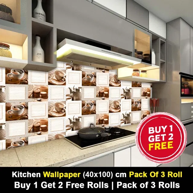 Vinyl Wallpaper for Kitchen Wall (Multicolor, 100x40 cm) (Pack of 3)
