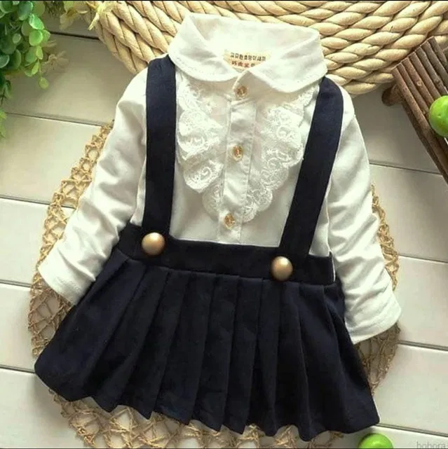 Cotton Blend Solid Frock for Girls (White & Black, 1-2 Years)