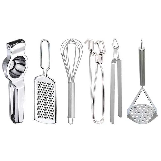 Oc9 Stainless Steel Lemon Squeezer & Cheese Grater & Egg Whisk & Pakkad & Roti Chimta & Potato Masher Kitchen Tool Set (O-134)