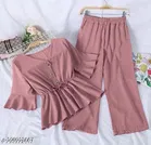 Polyester Solid Top & Bottom Set for Women, Peach 