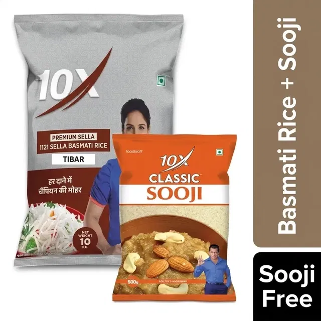 10x प्रीमियम सेला तिबार बासमती चावल 10 kg + 10X क्लासिक सूजी 500 g फ्री