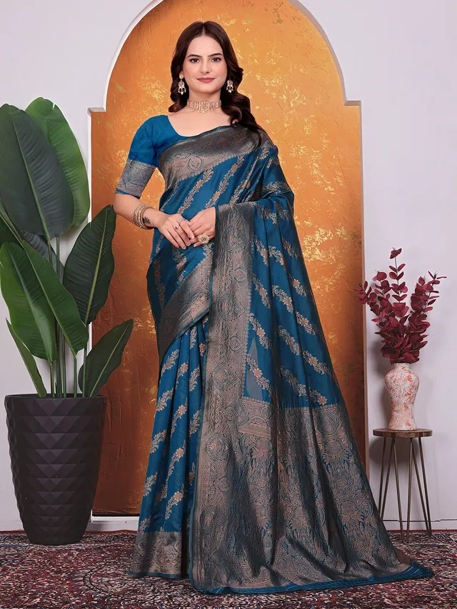 Banarasi Silk Embroidered Saree for Women (Blue, 6.3 m)