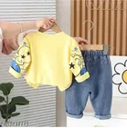 Hosiery Cotton & Denim Printed Clothing Set for Kids, Yellow & Blue 