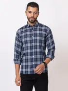 Cotton Blend Checkered Shirt for Men, Navy Blue 