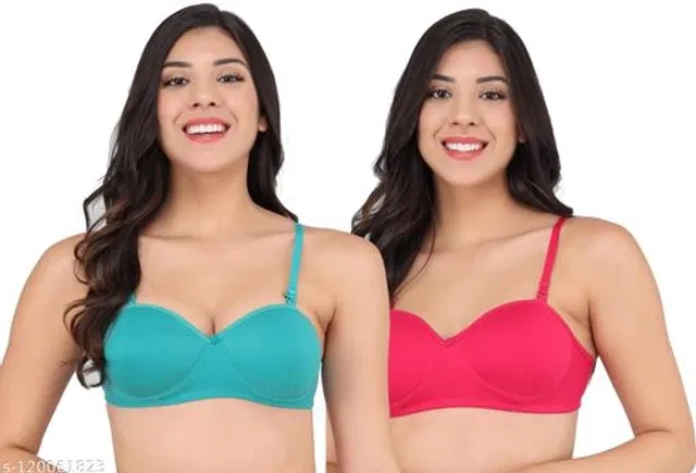 Cotton Blend Solid Padded Bra for Women (Sky Blue & Pink, 38B) (Pack of 2)