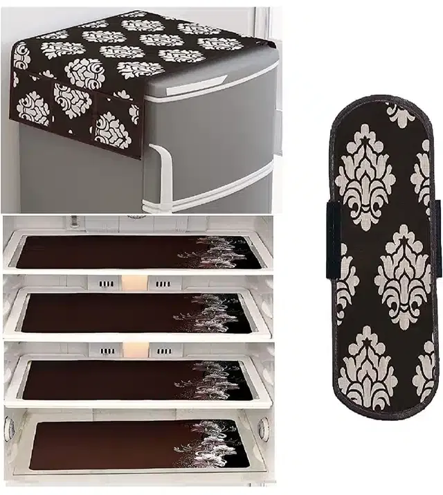 Knit Printed Fridge 4 Pcs Mat with Handle & Top Cover (Multicolor, Set of 1)