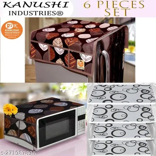 KANUSHI Industries® 1 Pc Microwave/Oven Top Cover + 1 Pc Fridge/Refrigerator Top Cover + 4 Fridge Mate(Color-Brown) (Micro+FRI-Brown-Long-LEVS+M-15-04)
