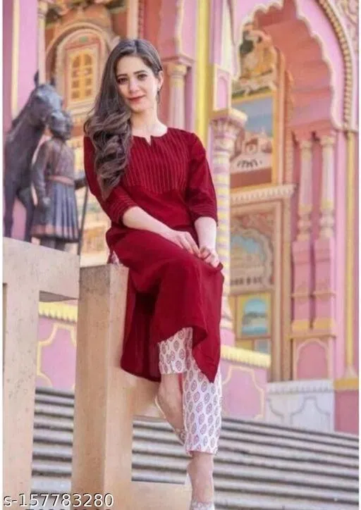 Rayon Printed Kurta with Pant for Women, Red & White (XXL)
