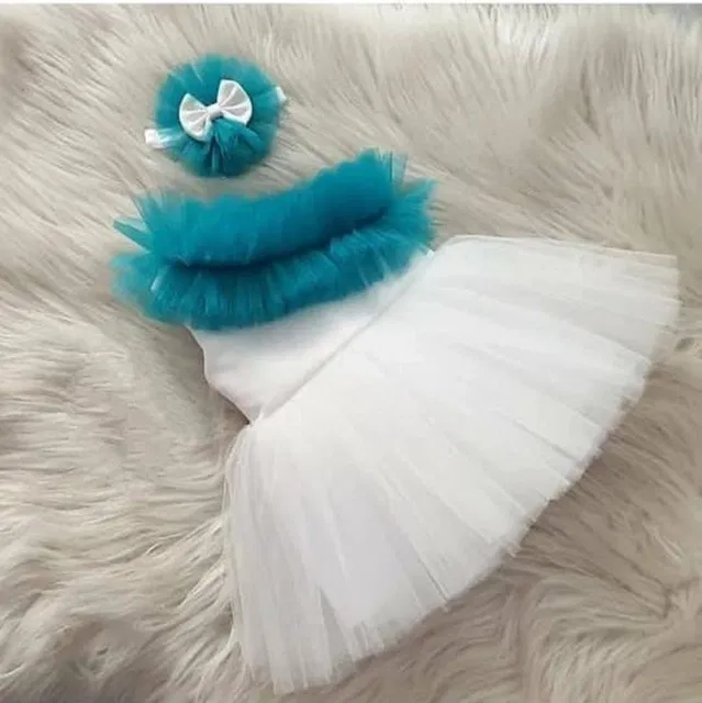 Net Solid Frock for Girls (Teal & White, 12-18 Months)