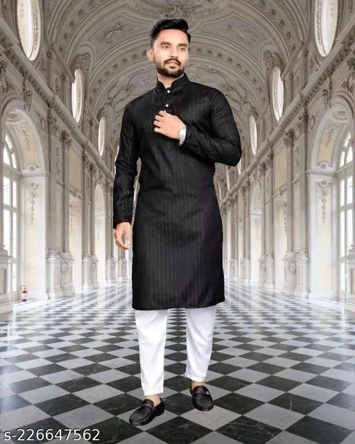 Mandarin Neck Kurta for Men (Black, M)