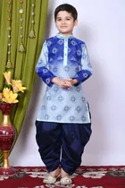 Dupion Silk Printed Kurta with Dhoti for Boys, Blue 