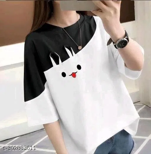 Polycotton Printed T-Shirt for Women, Black & White (XXL)