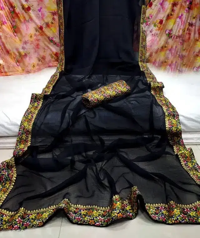 Georgette Self Design Saree for Women (Black, 6.3 m)