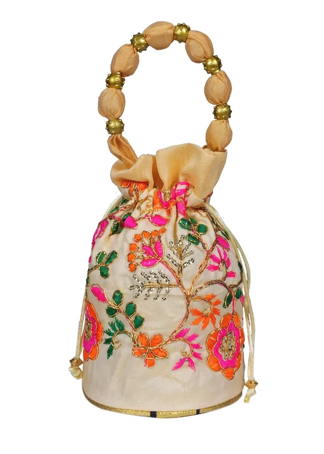 Silk Floral Ethnic Rajasthani Traditional Work Potli with Handle for Return Gifts (Beige)
