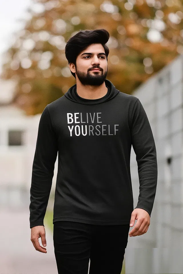 Fleece Printed Hoodie for Men, Black (M)