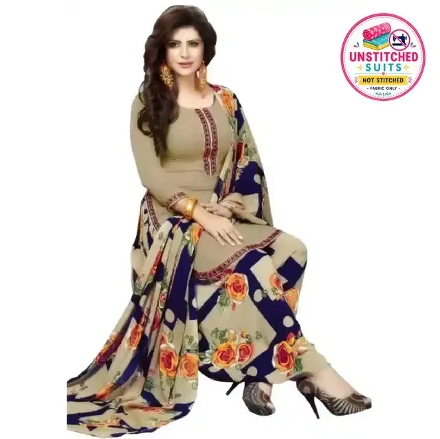 Crepe Floral Print Unstitched Suits Fabric for Women (Beige & Blue)