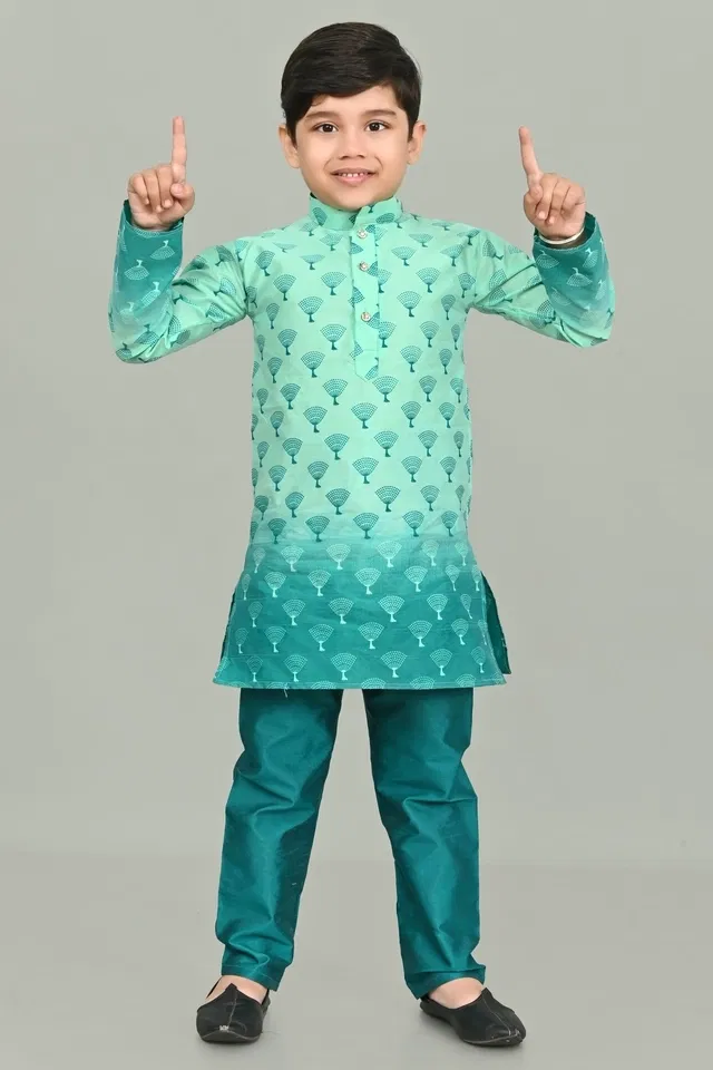 Dupion Silk Printed Kurta with Payjama for Boys, Sea Green (7-8 Years)
