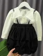 Cotton Blend Solid Dungaree Clothing Set for Girls (Black & White, 9-12 Months)