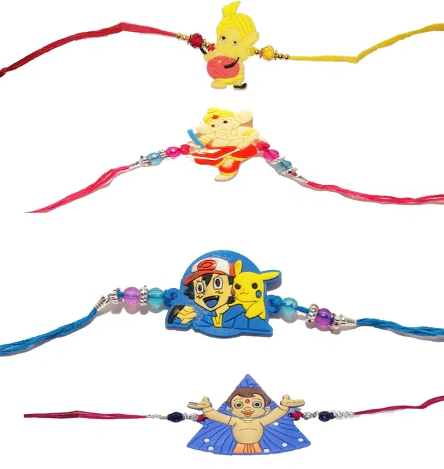 Rakhi for Kids Chota Bheem Pokimon Ganesh Ji and  Ganesh Ji Rakhi, Pack of 4