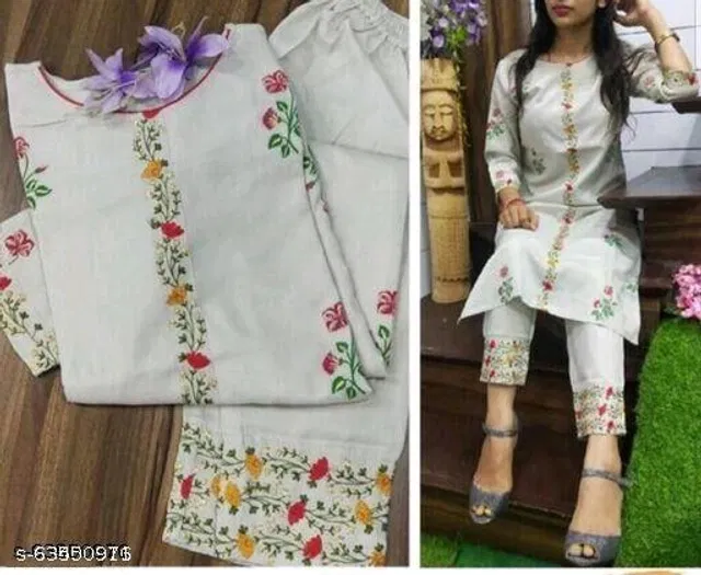 Khadi Cotton Embroidered Kurta with Pant for Women (Grey, M)