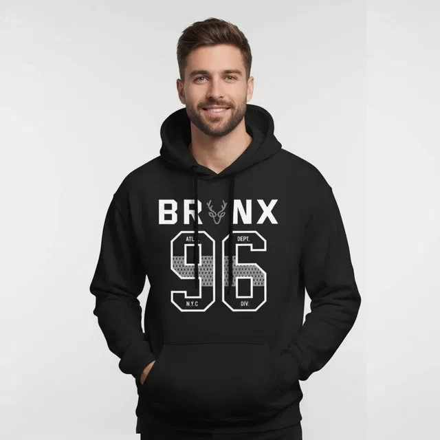 Fleece Printed Hoodie for Men, Black (L)