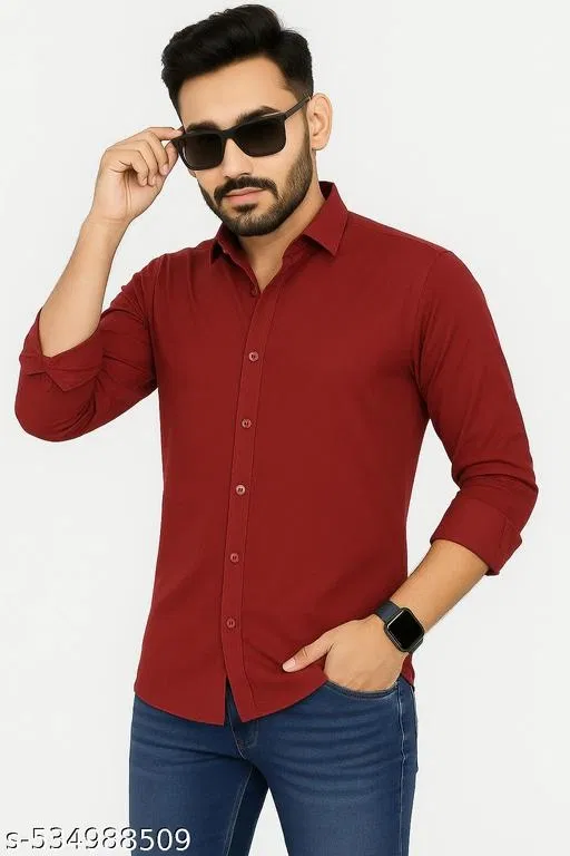 Cotton Blend Solid Shirts for Men, Maroon (L)