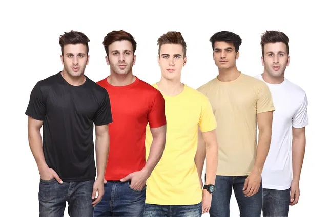 Round Neck Solid Polyester T-shirts for Men, Pack of 5 (Multi, M)