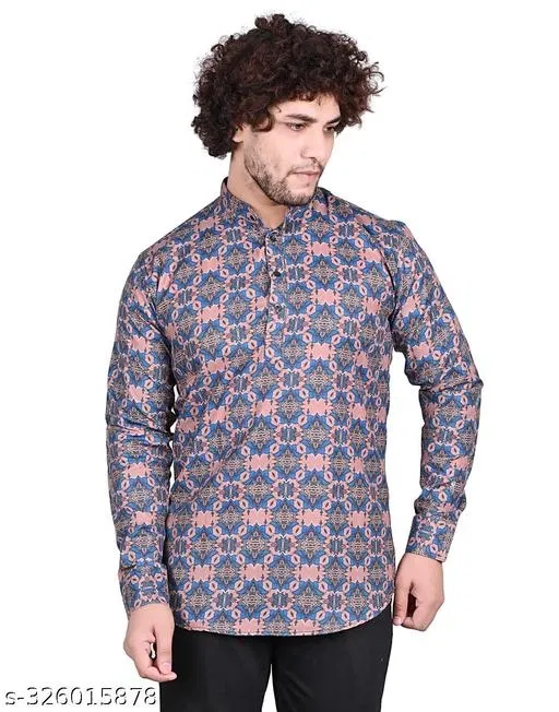 Cotton Blend Printed Short Kurta for Men, Multicolor (XL)
