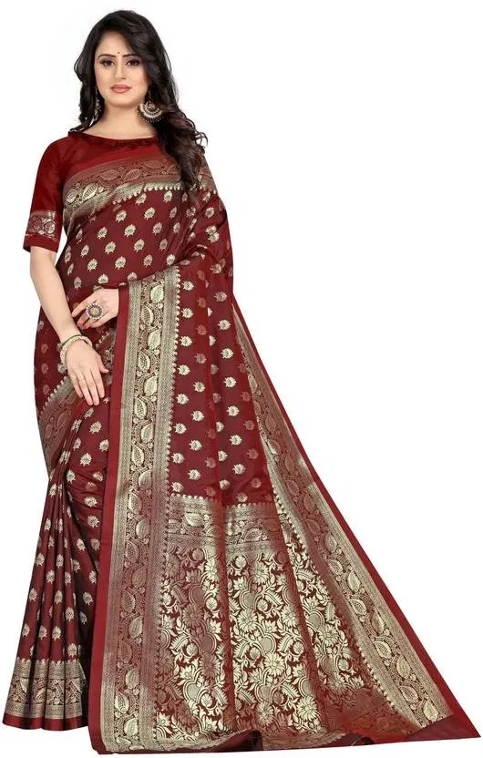 Kanjeevaram Silk Jacquard Embroidery Saree for Women (Maroon)