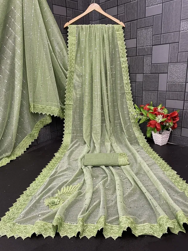 Lycra Blend Solid Saree for Women, Sea Green (6.3 m)