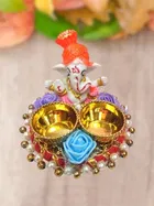 Metal Decorative Ganpati Haldi Kumkum Stand with 2 Roli Chawal Holder, Multicolor