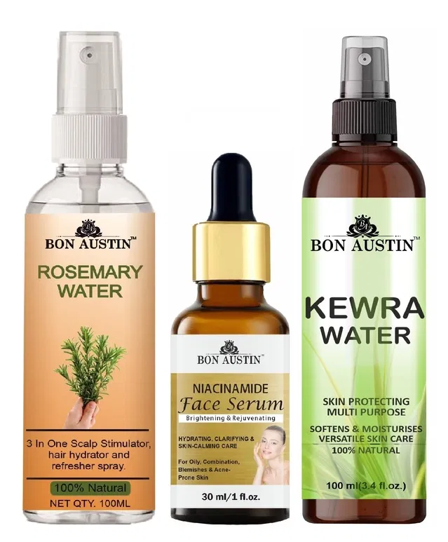 Bon Austin Natural Rosemary Water Hair Spray (100 ml) with Niacinamide Face Serum (30 ml) & Natural Kewra Water (100 ml) (Set of 3)