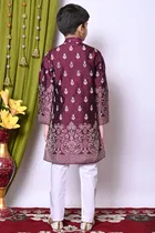 Dupion Silk Printed Kurta with Payjama for Boys, Wine & White 