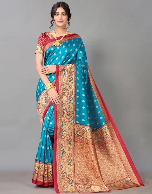 Art Silk Floral Print Saree for Women (Blue)