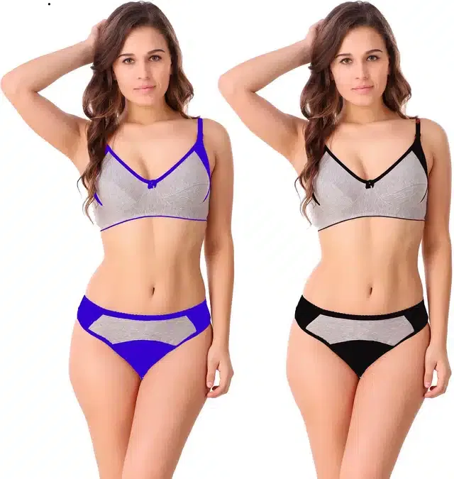 Cotton Blend Lingerie Set for Women (Blue & Black, 34) (Set of 2)