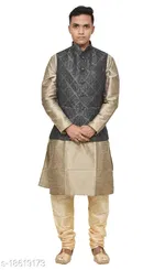 Cotton Blend Solid Kurta with Pyjama & Jacket for Men 
