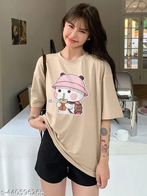 Cotton Blend Printed T-shirt for Women, Beige (S)