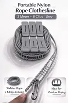 Portable Nylon Rope Clothesline 3 Meter + 6 Clips Grey