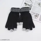 Woolen Solid Gloves for Women (Black, Set of 1)
