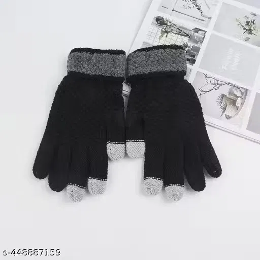 Woolen Solid Gloves for Women (Black, Set of 1)