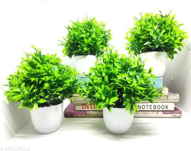 Artificial Plants with Pot (Green & White, Pack of 4)