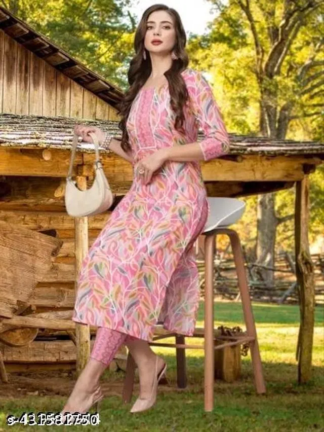 Cotton Printed Kurti with Pant for Women (Pink, L)